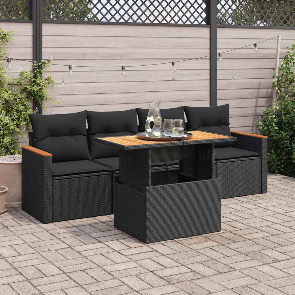5 Pcs conjunto sofás de jardim com almofadões acácia e vime PE