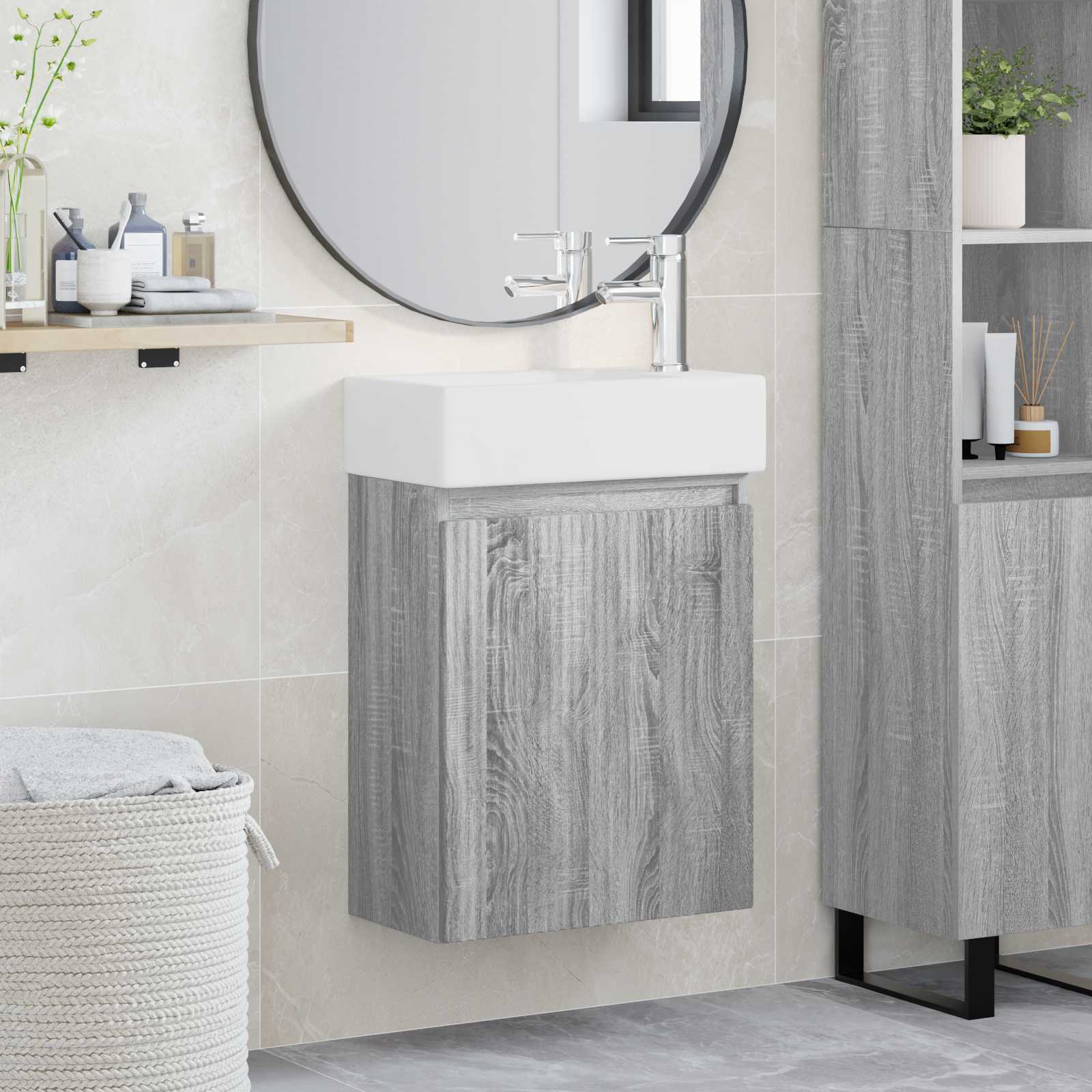 Conjunto de móveis de banheiro com torneira sonoma cinzento