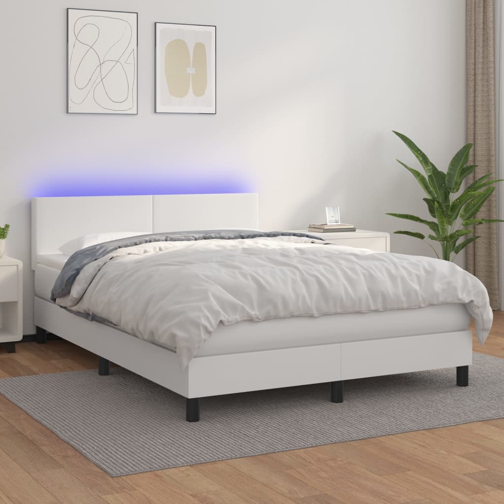 Cama box spring c/colchão/LED 140x200cm couro artificial branco