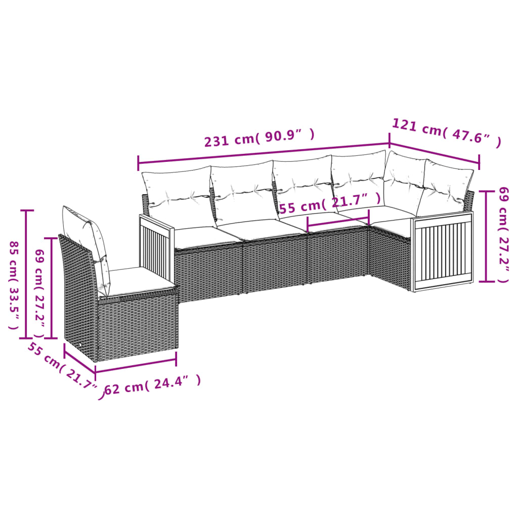 6 Pcs conjunto sofás de jardim c/ almofadões vime PE preto