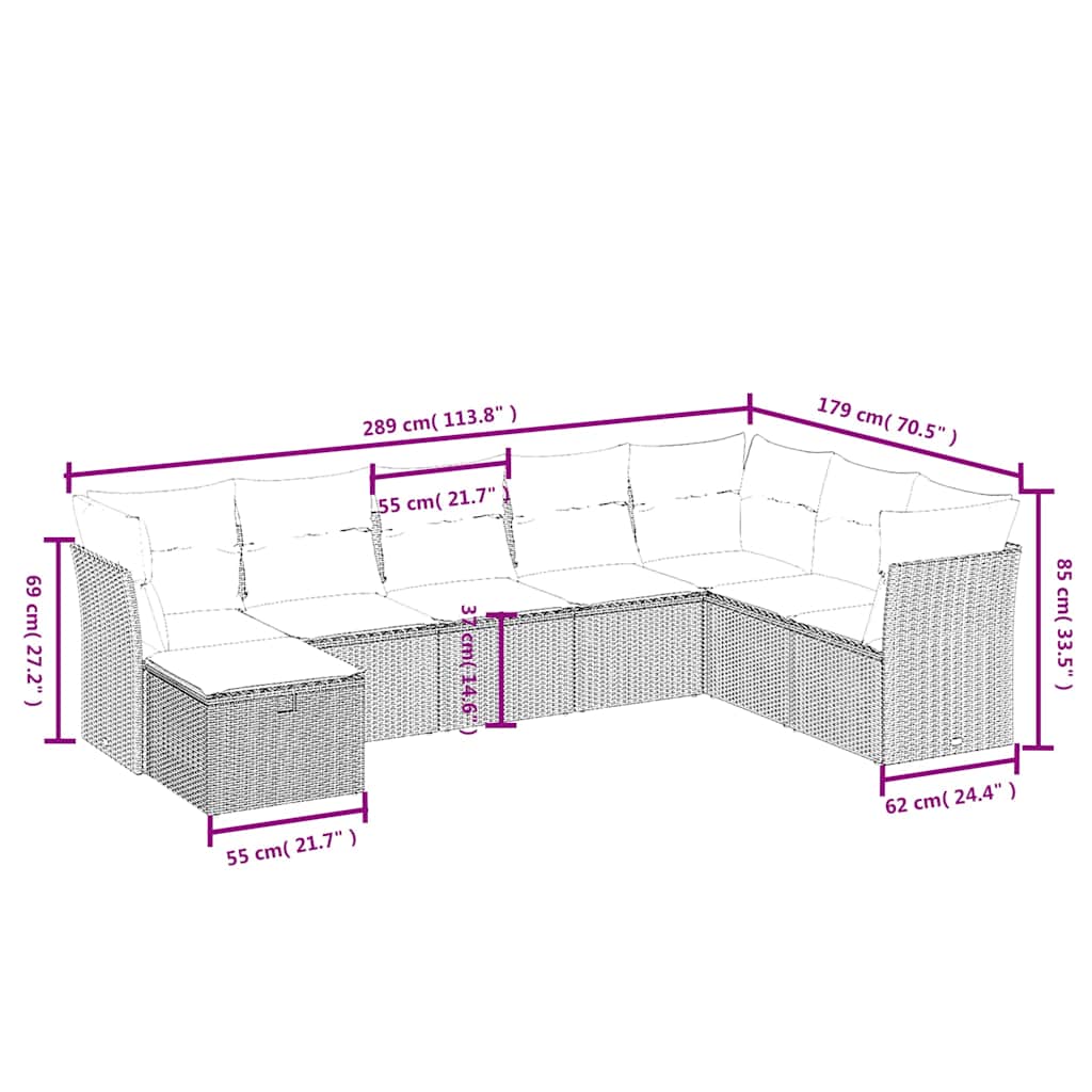 8 Pcs conjunto sofás de jardim com almofadões vime PE preto