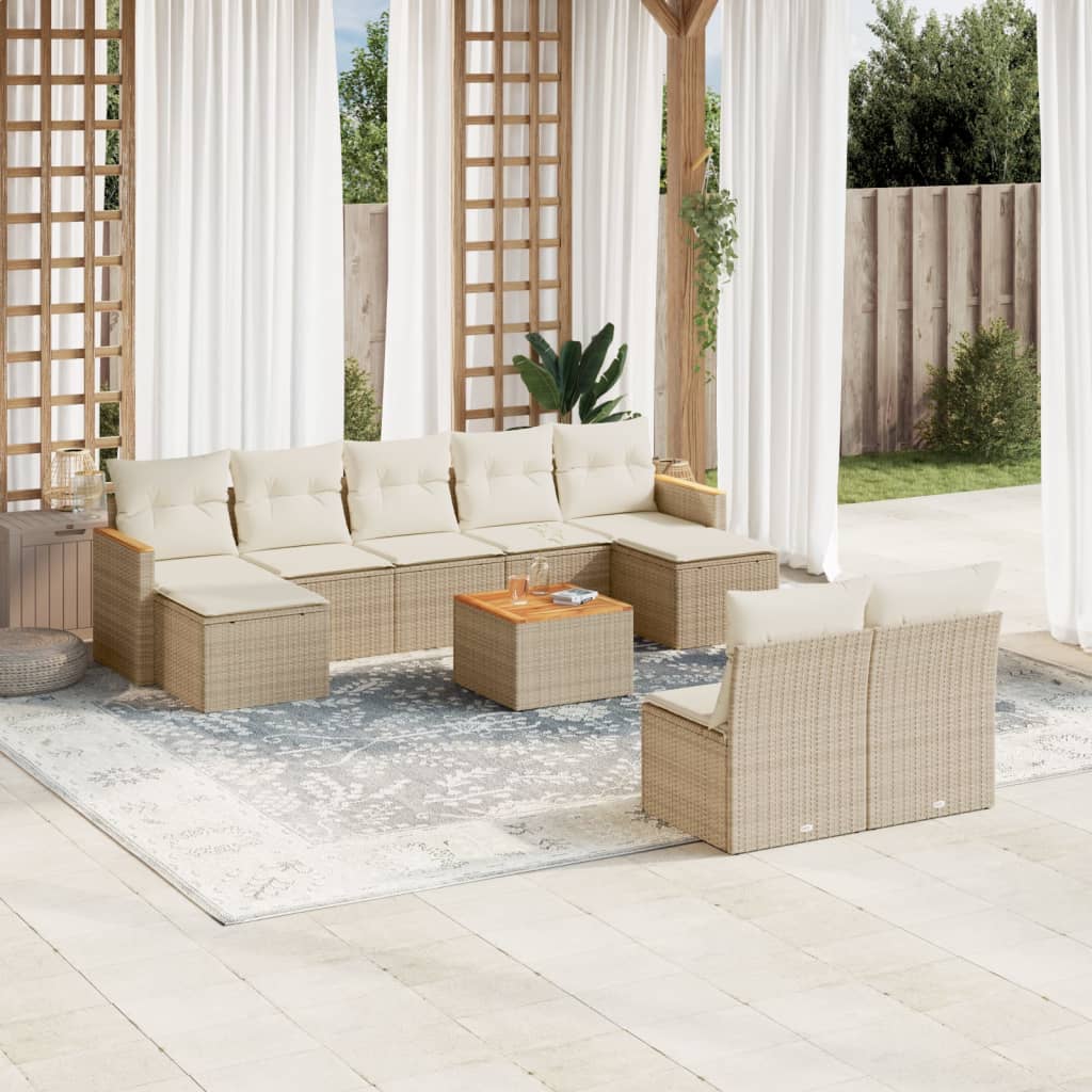 10 Pcs conjunto de sofás p/ jardim com almofadões vime PE bege