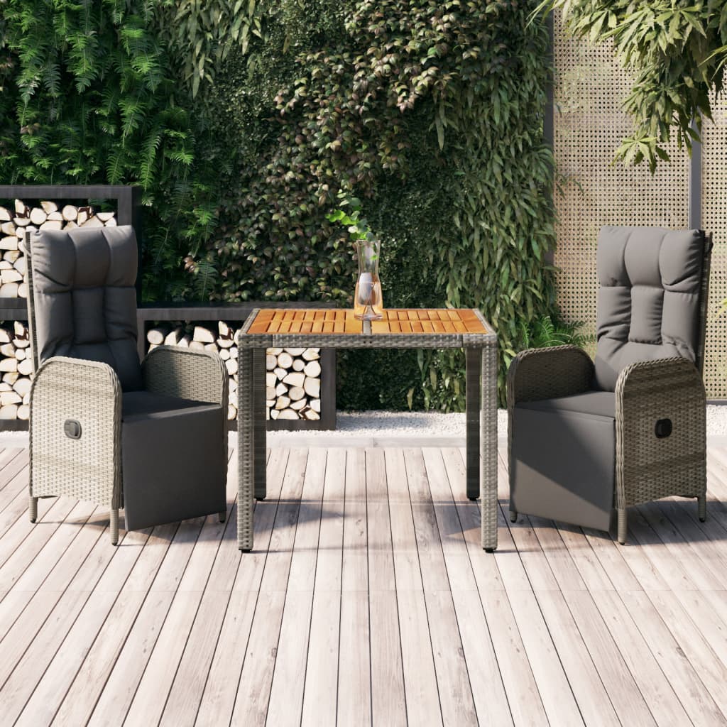3 Pcs conjunto de jantar p/ jardim c/ almofadões vime PE cinza