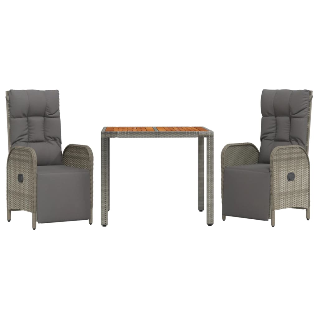 3 Pcs conjunto de jantar p/ jardim c/ almofadões vime PE cinza