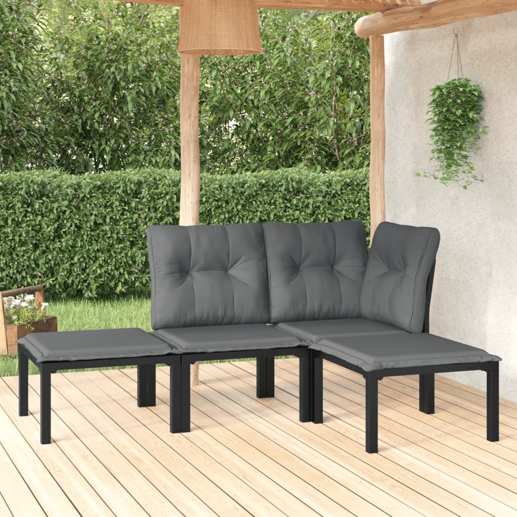 4 Pcs conjunto lounge de jardim vime PE preto e cinzento
