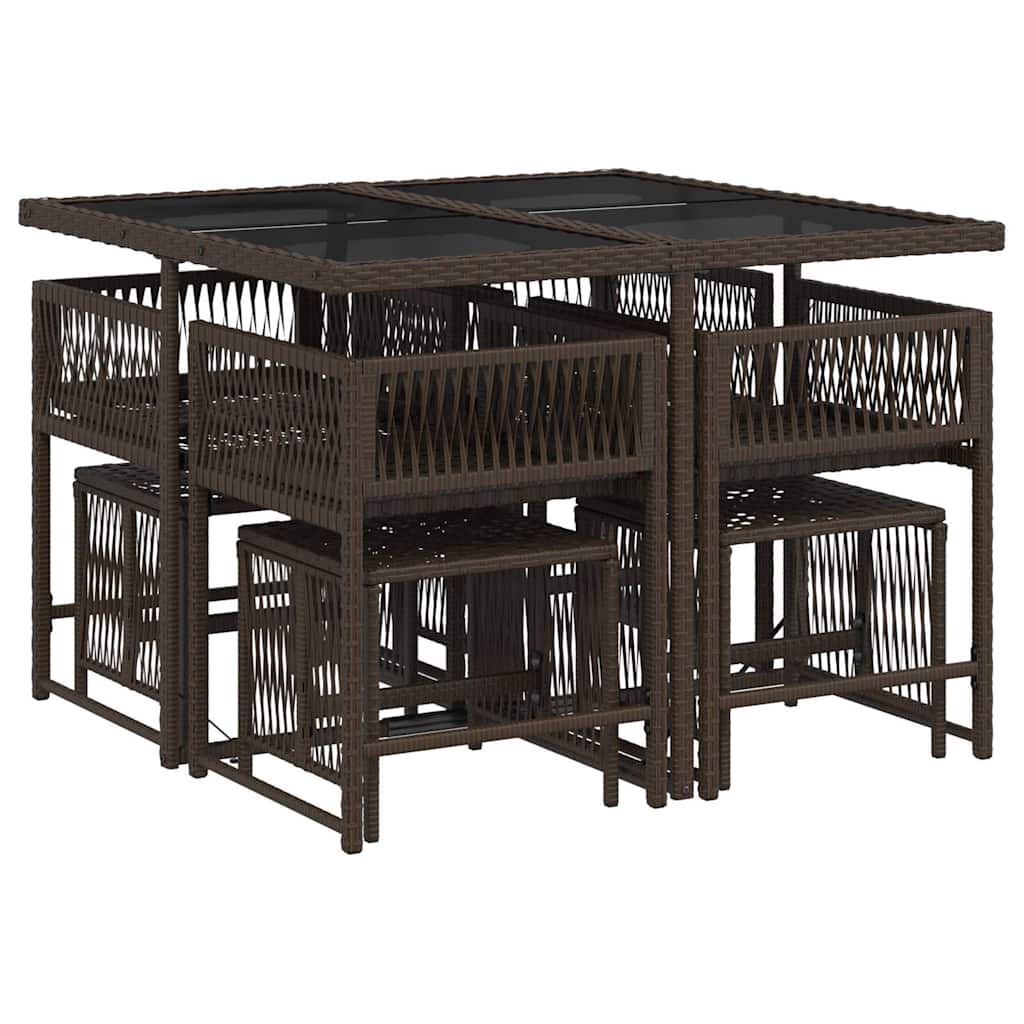 9 Pcs conjunto jantar p/ jardim c/ almofadões vime PE castanho