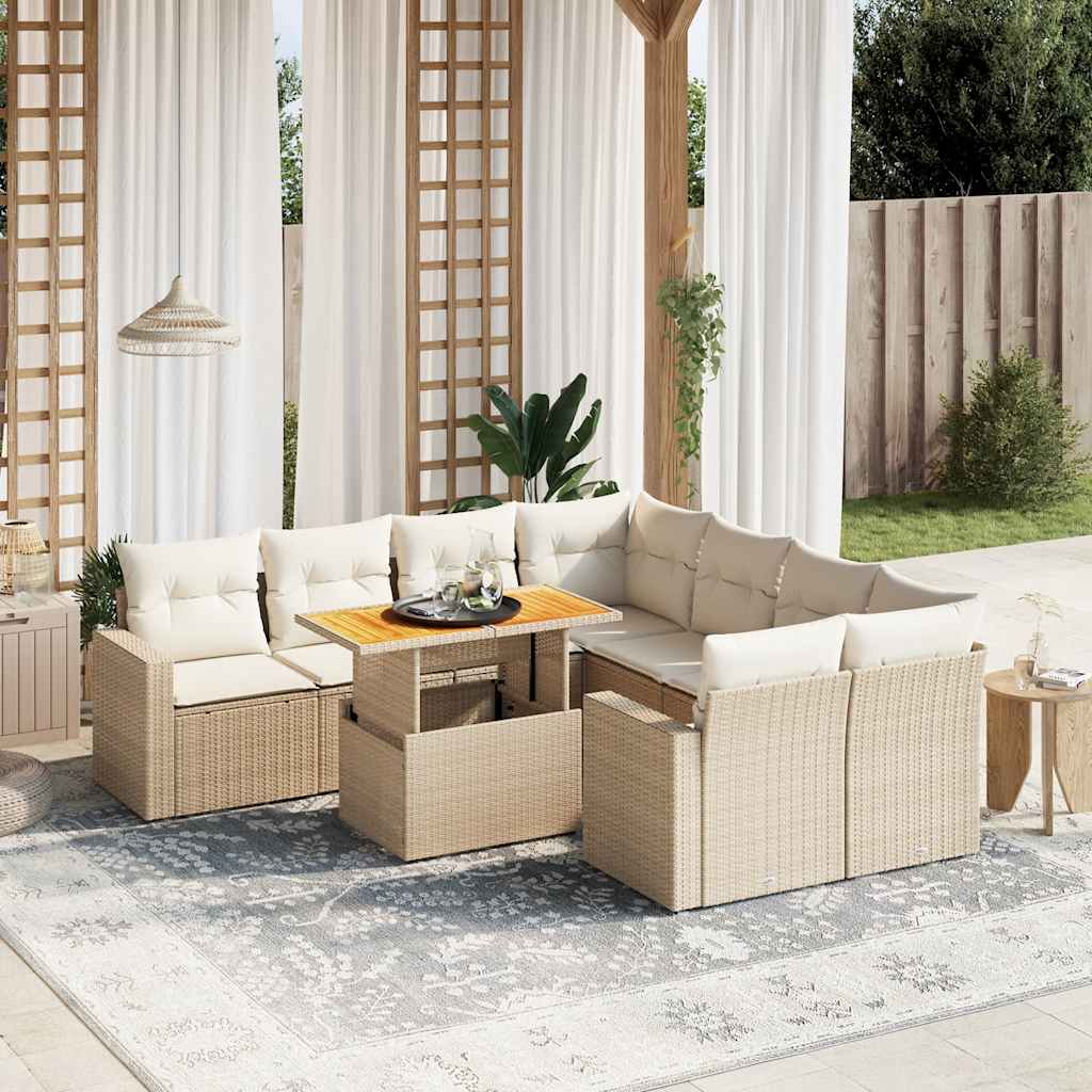 9 Pcs conjunto de sofás p/ jardim com almofadões vime PE bege