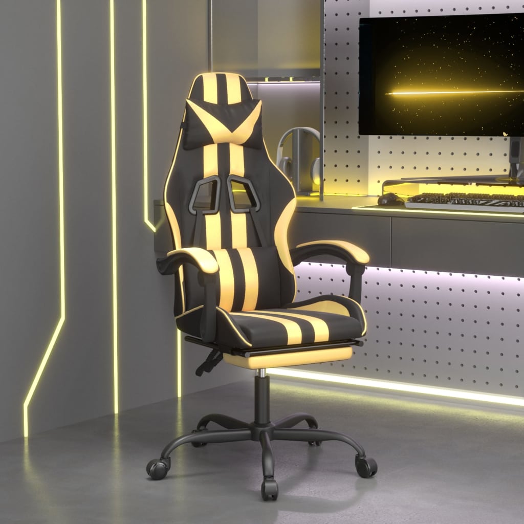 Cadeira gaming giratória + apoio couro artificial preto/dourado
