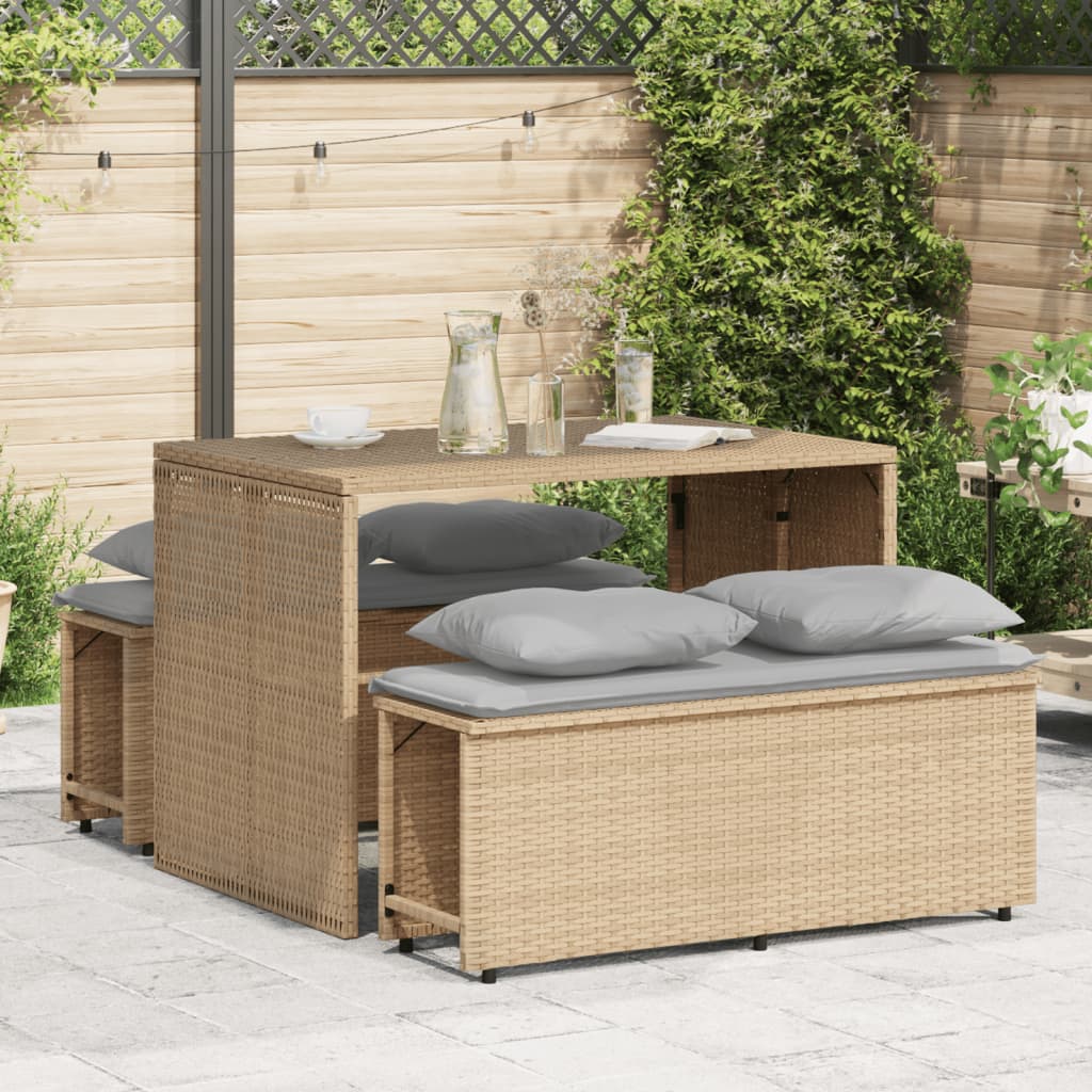 3 Pcs conjunto de jantar p/ jardim com almofadões vime PE bege
