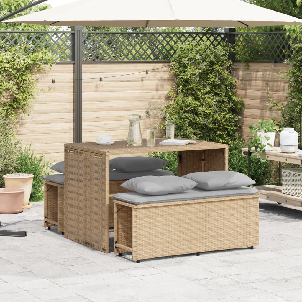 3 Pcs conjunto de jantar p/ jardim com almofadões vime PE bege