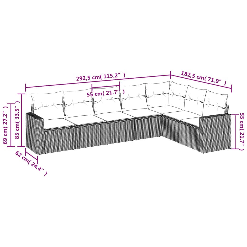 7 Pcs conj. sofás jardim com almofadões vime PE cinzento-claro
