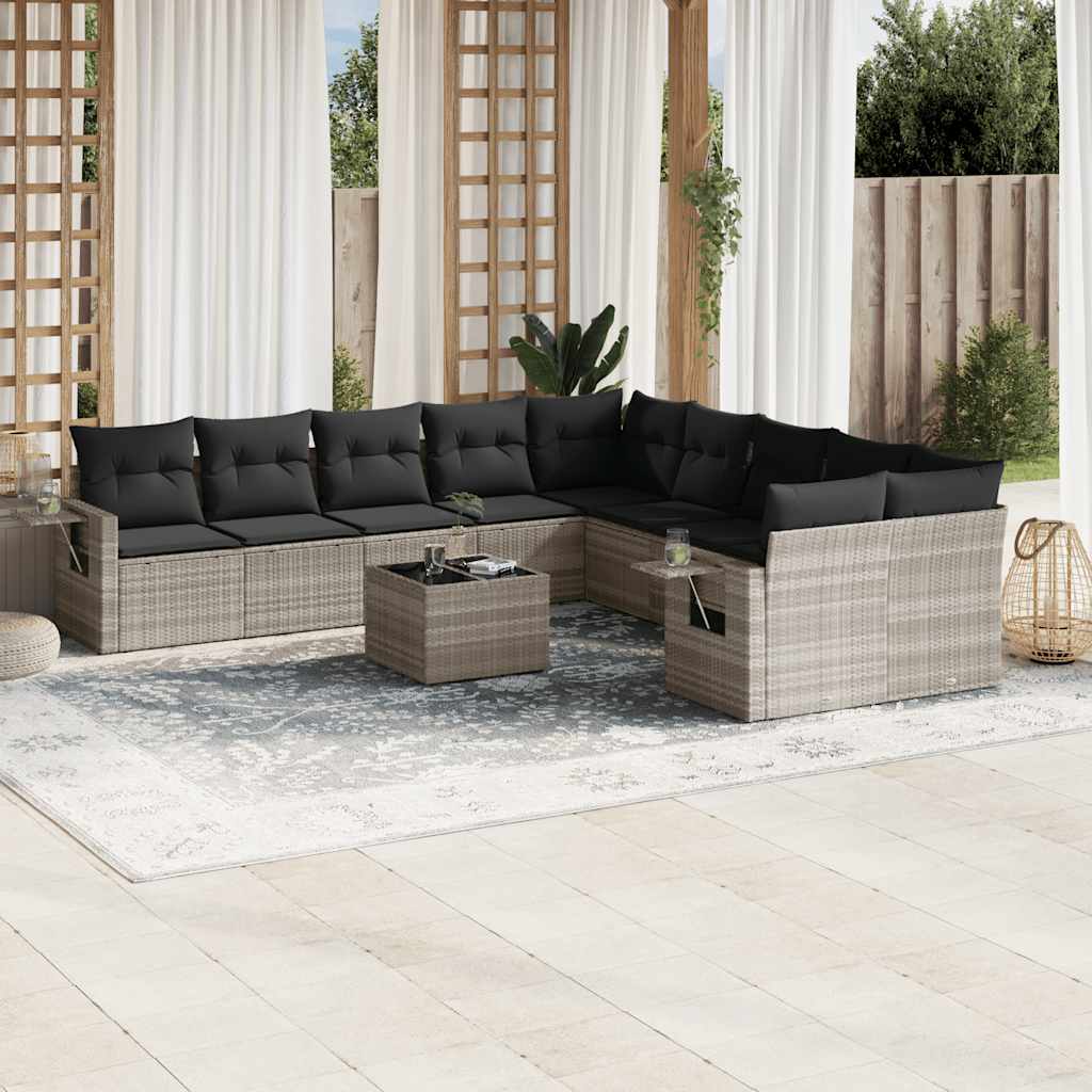 11 Pcs conjunto sofás de jardim c/ almofadões vime PE cinzento