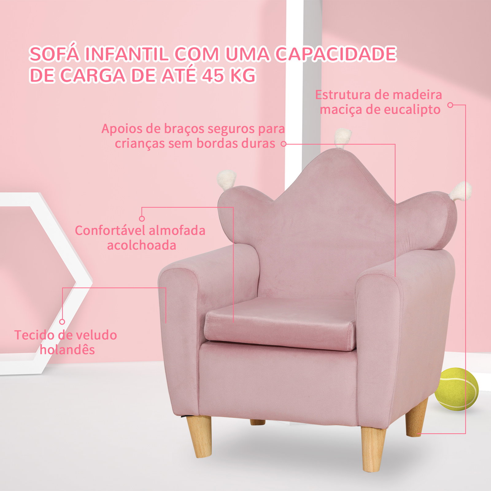 Poltrona Infantil Mini Sofá para Crianças Acima de 3 Anos com Assento Acolchoado Apoio para os Braços 45kg 50x42x58cm Rosa