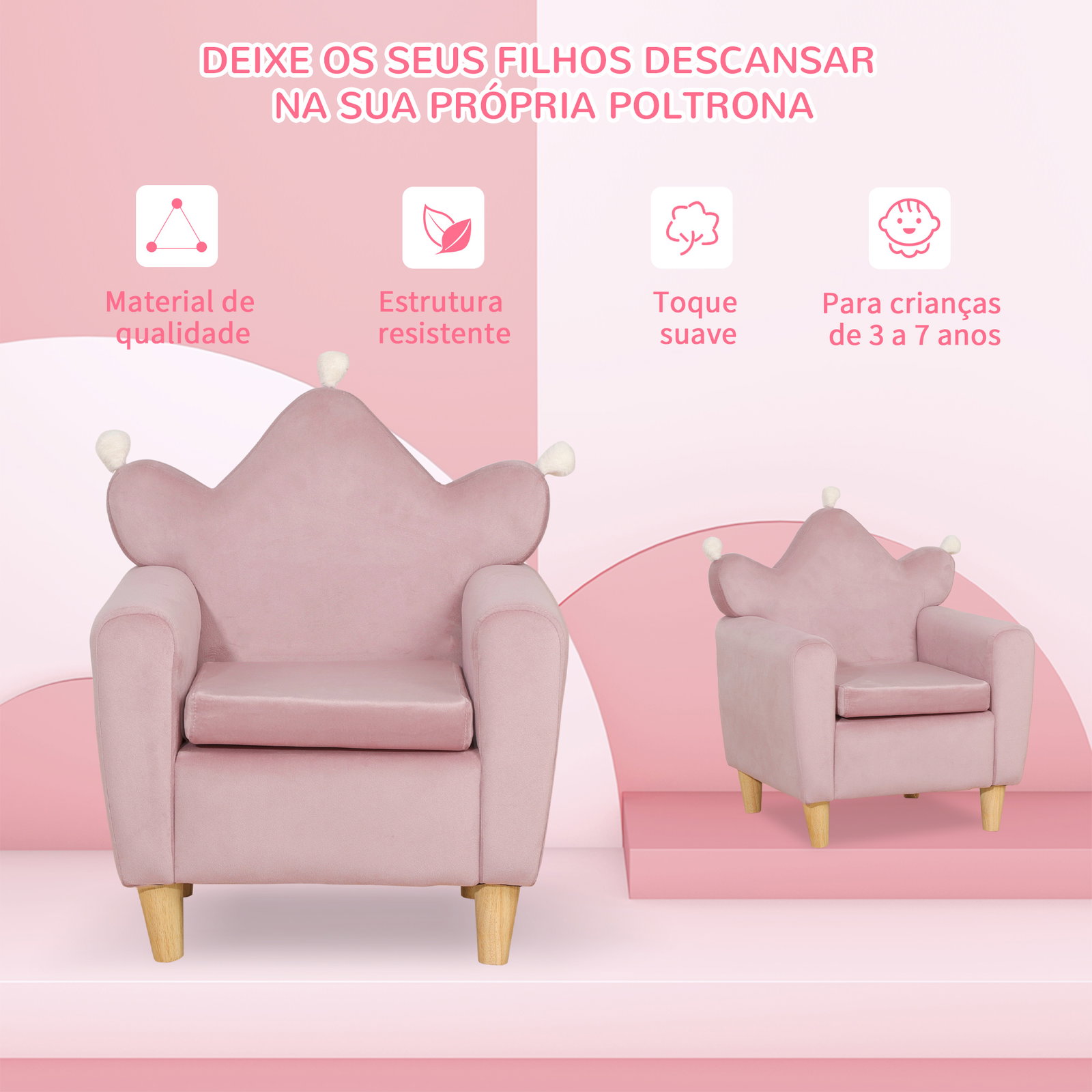 Poltrona Infantil Mini Sofá para Crianças Acima de 3 Anos com Assento Acolchoado Apoio para os Braços 45kg 50x42x58cm Rosa