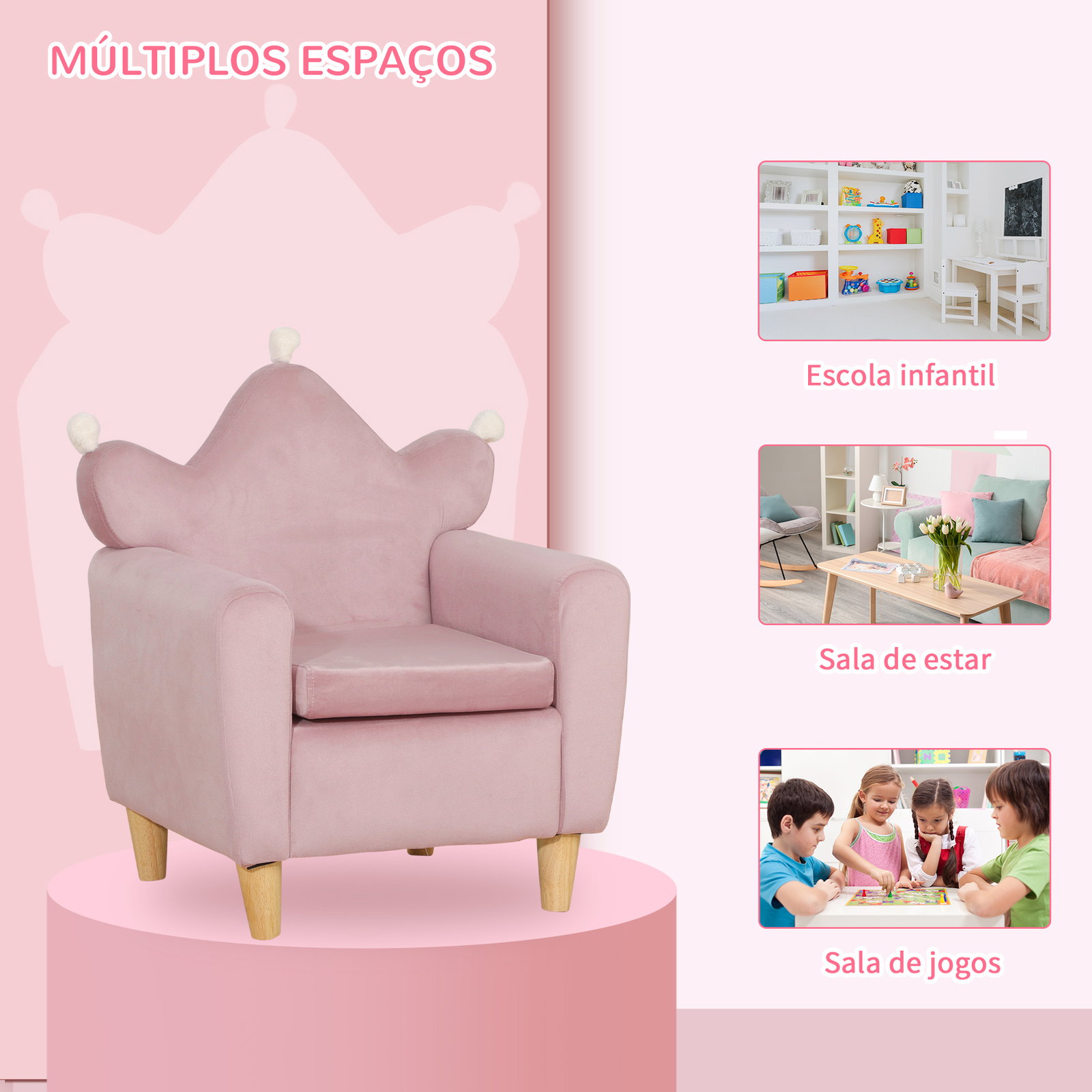 Poltrona Infantil Mini Sofá para Crianças Acima de 3 Anos com Assento Acolchoado Apoio para os Braços 45kg 50x42x58cm Rosa