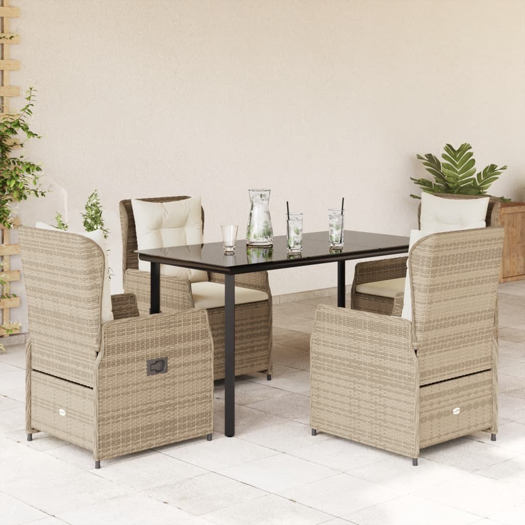 5 Pcs conjunto de jantar p/ jardim com almofadões vime PE bege