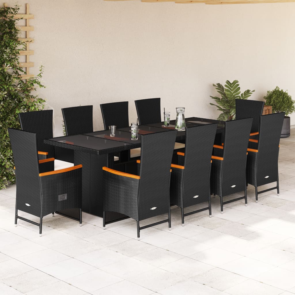 11 Pcs conjunto de jantar p/ jardim c/ almofadões vime PE preto