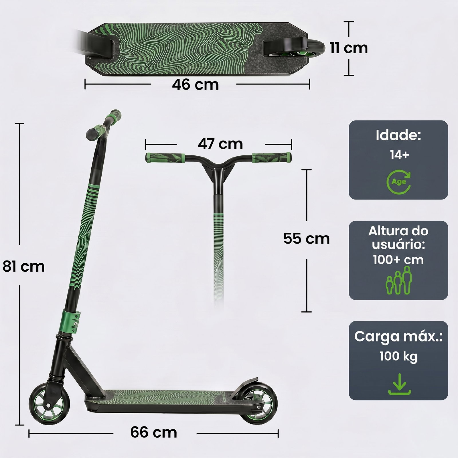 Trotinete acrobática com guiador 360° rolamentos abec-9 rodas de pu de 120 mm estrutura de alumínio 66x47x81 cm verde