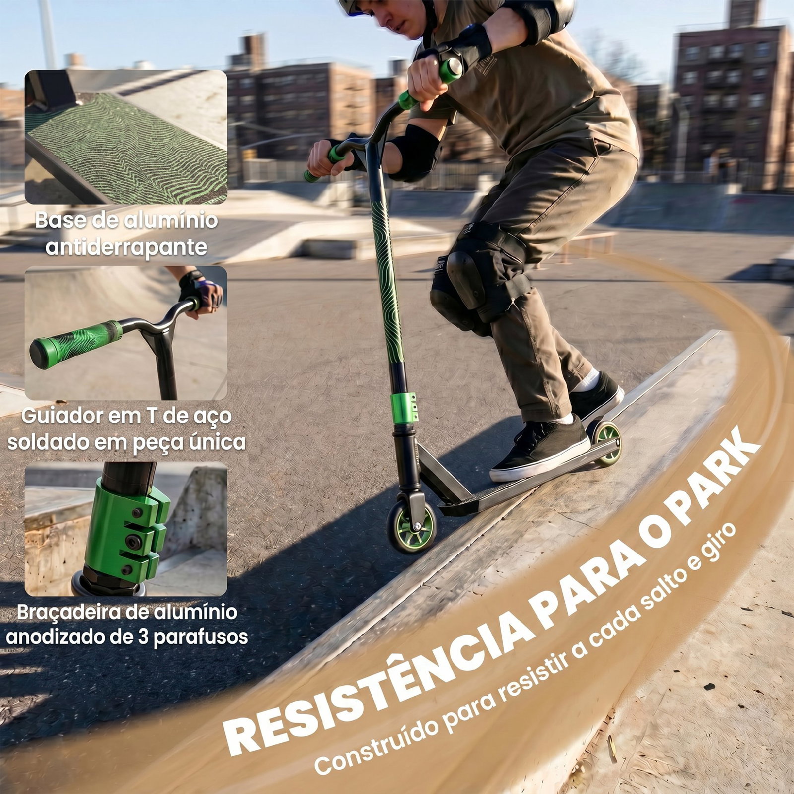 Trotinete acrobática com guiador 360° rolamentos abec-9 rodas de pu de 120 mm estrutura de alumínio 66x47x81 cm verde
