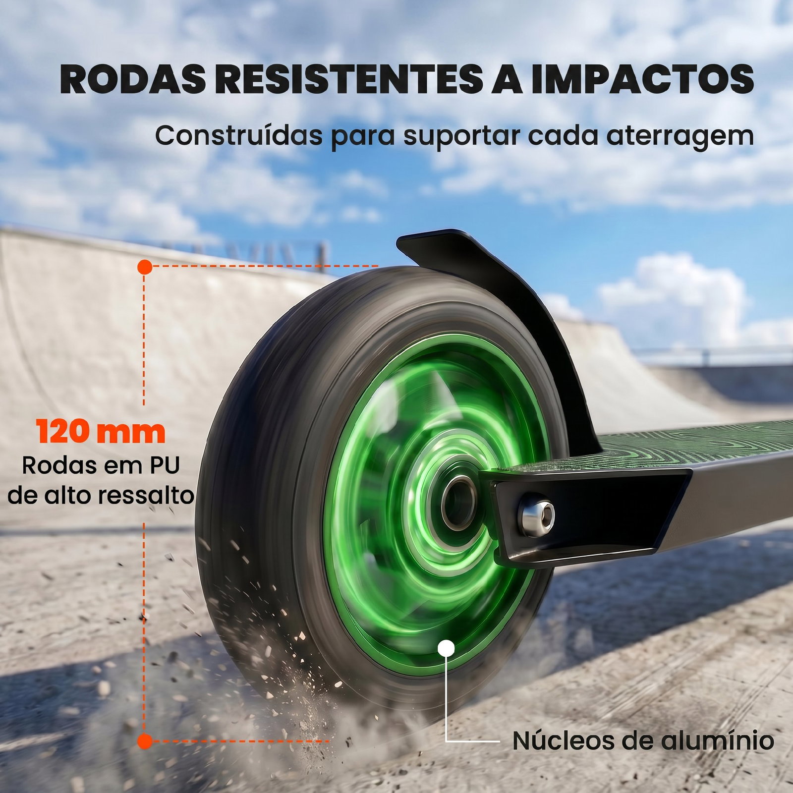 Trotinete acrobática com guiador 360° rolamentos abec-9 rodas de pu de 120 mm estrutura de alumínio 66x47x81 cm verde
