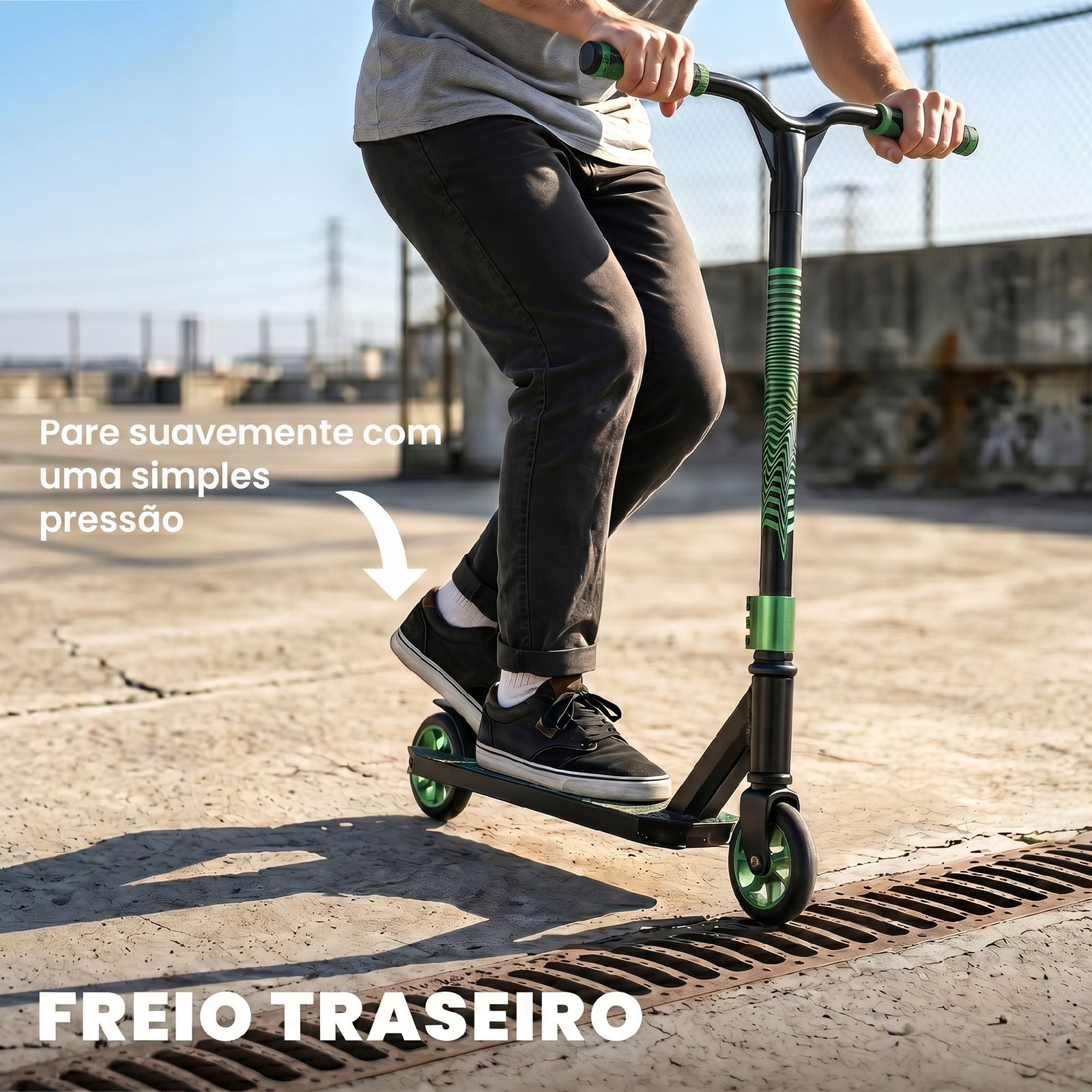 Trotinete acrobática com guiador 360° rolamentos abec-9 rodas de pu de 120 mm estrutura de alumínio 66x47x81 cm verde