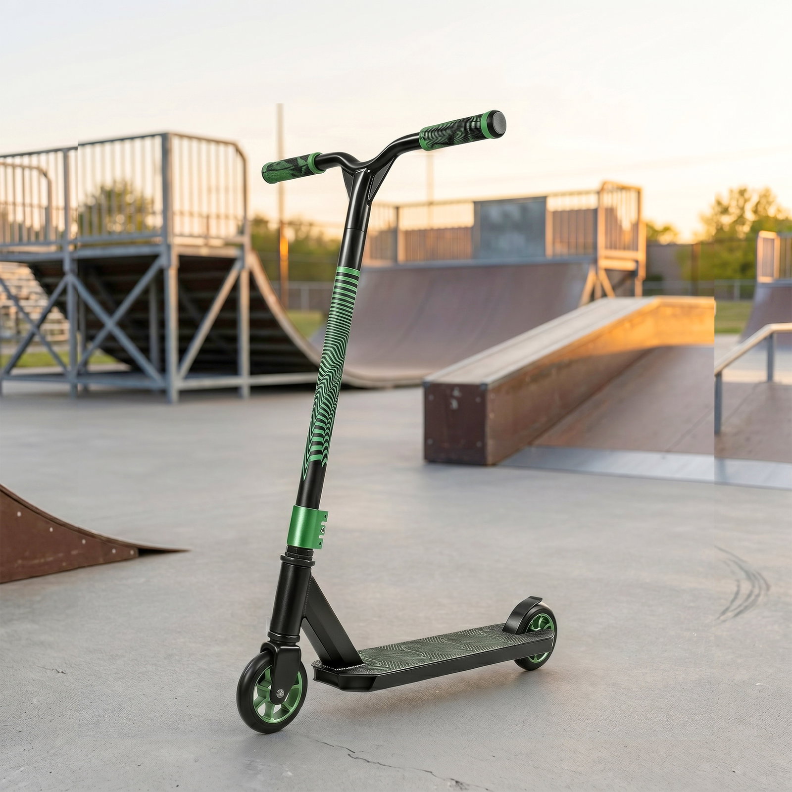 Trotinete acrobática com guiador 360° rolamentos abec-9 rodas de pu de 120 mm estrutura de alumínio 66x47x81 cm verde
