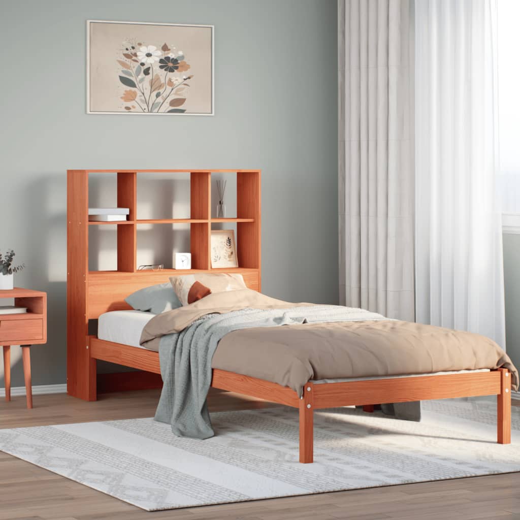 Cama c/ estante sem colchão 100x200cm pinho maciço castanho-mel