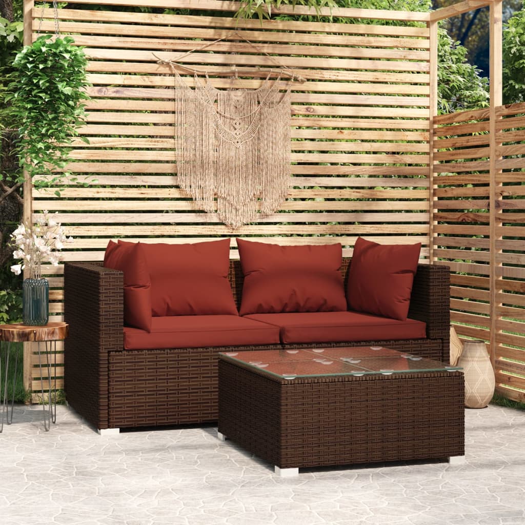 3 Pcs conjunto lounge jardim c/ almofadões vime PE castanho