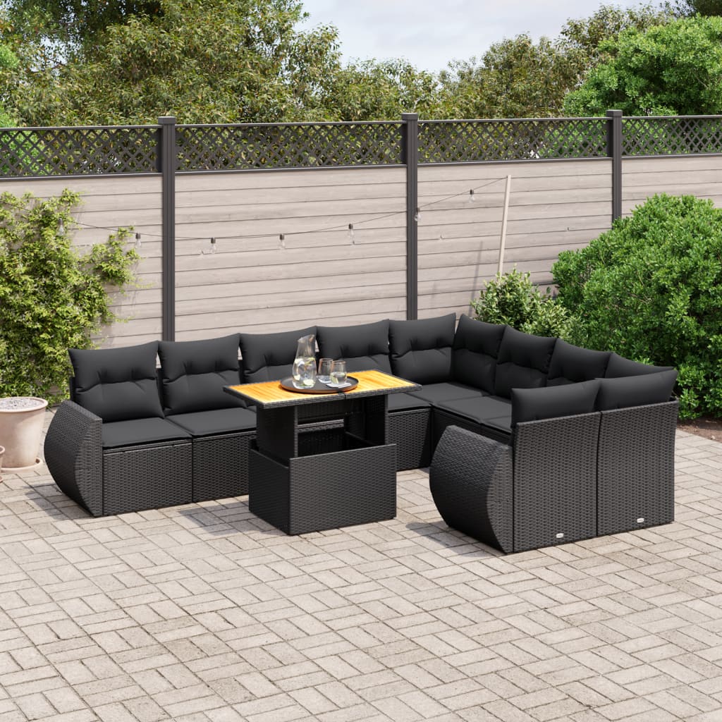 10 Pcs conjunto sofás de jardim c/ almofadões vime PE preto