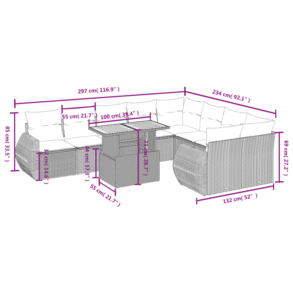 10 Pcs conjunto sofás de jardim c/ almofadões vime PE preto