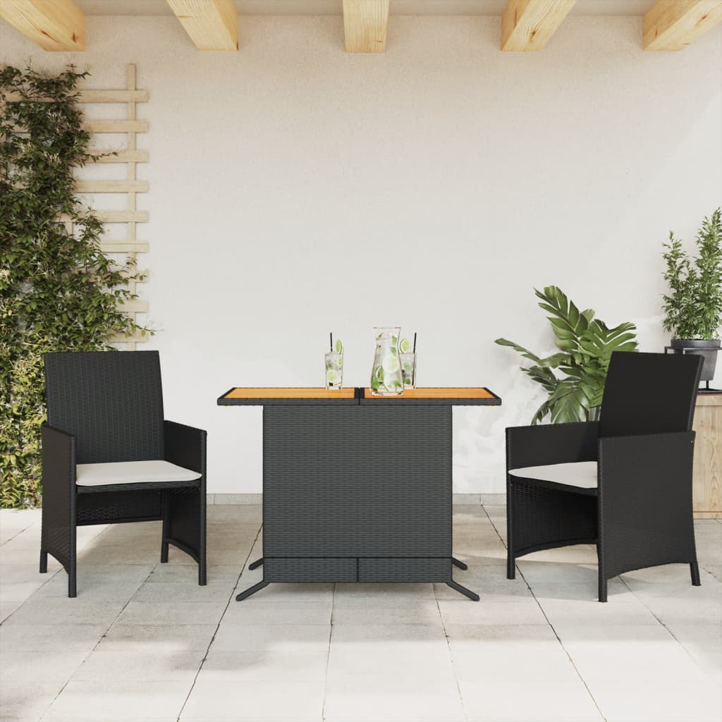 3 Pcs conjunto de bistrô com almofadões vime PE preto