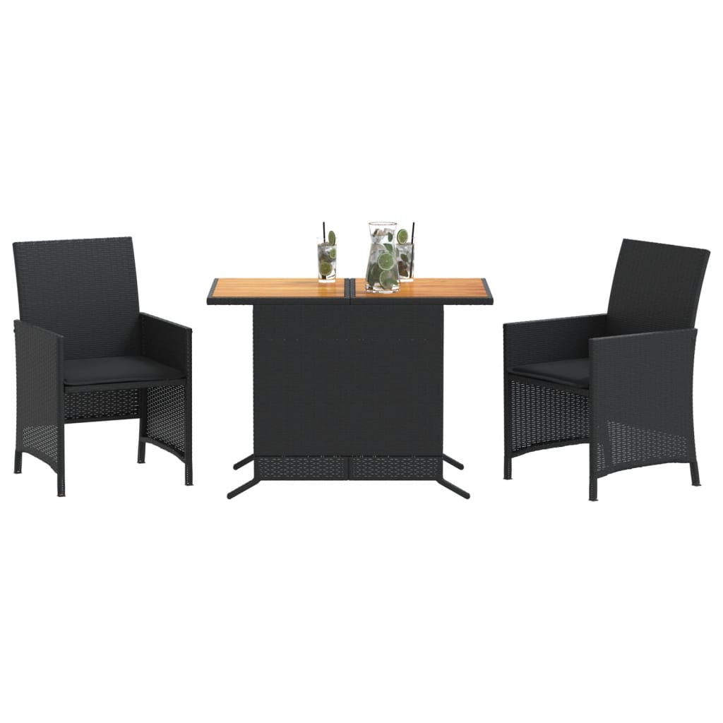 3 Pcs conjunto de bistrô com almofadões vime PE preto