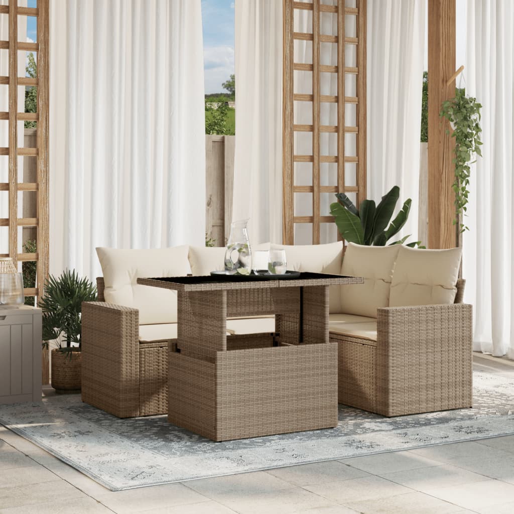 5 Pcs conjunto de sofás p/ jardim com almofadões vime PE bege