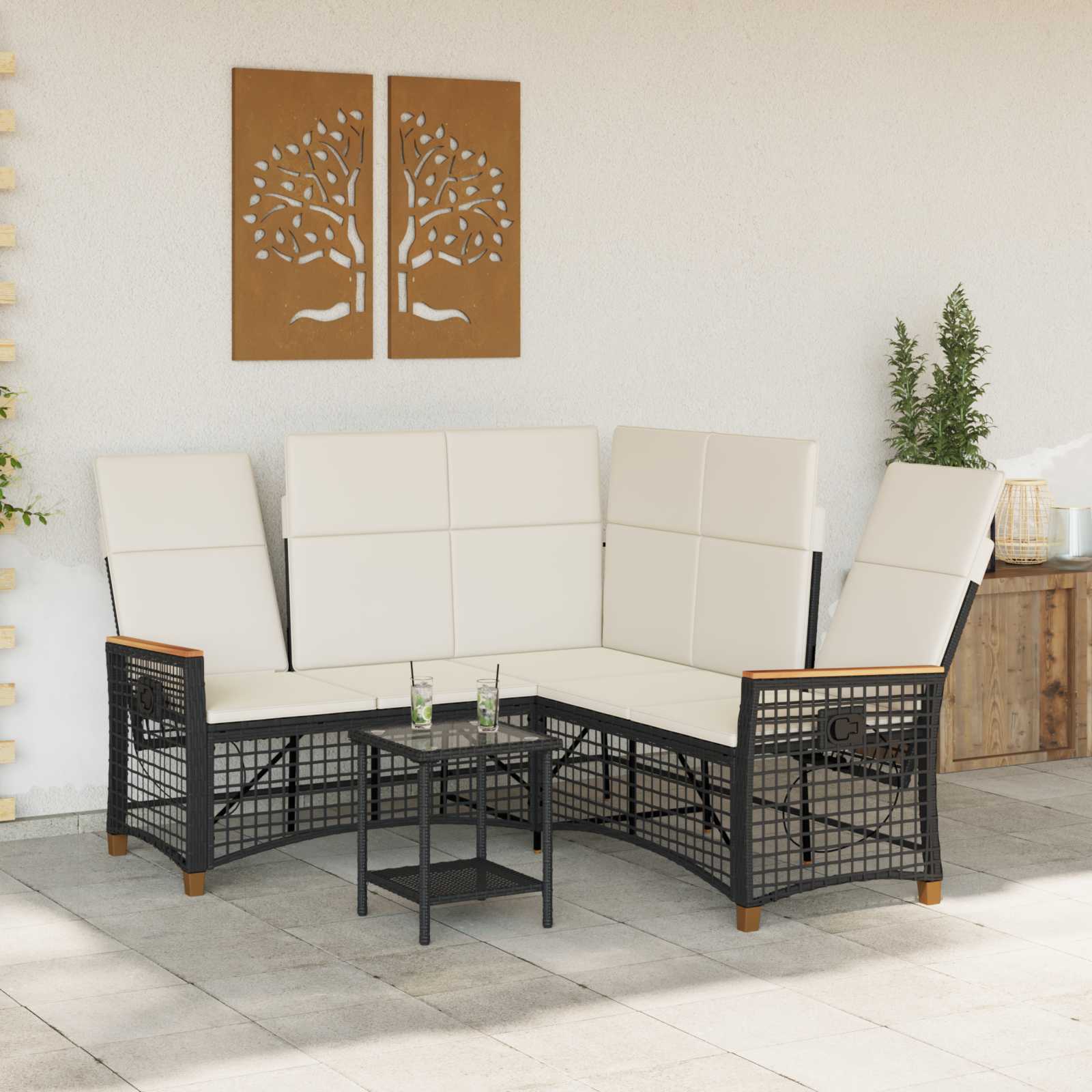 Conjunto de sofá reclinado para jardim preto e branco creme