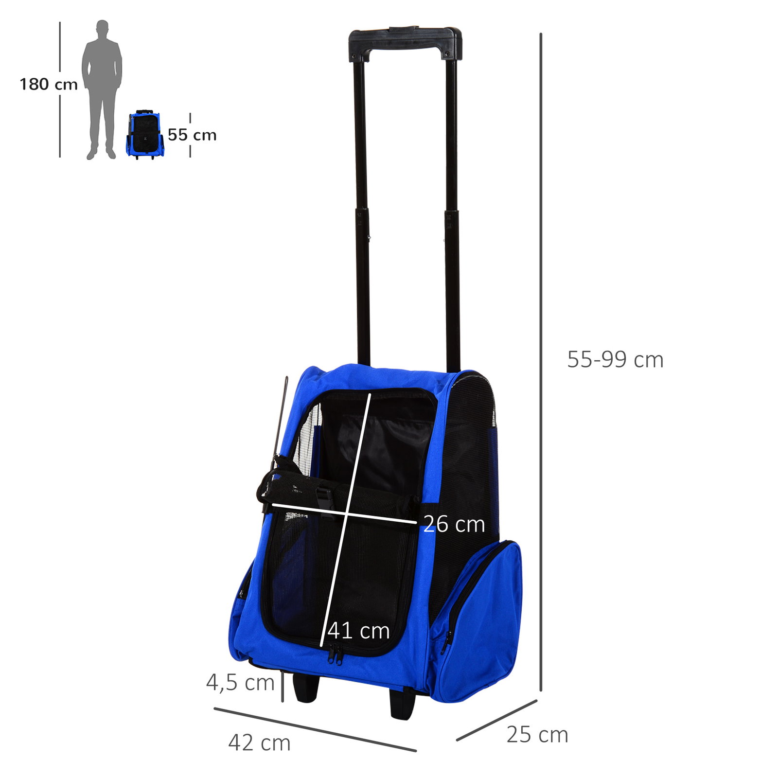 Transportadora 2 em 1 para animais de estimação mochila ou carrinho de viagem para cães e gatos com 2 rodas alça retrátil de alumínio e bolso de armazenamento 42x25x55cm azul