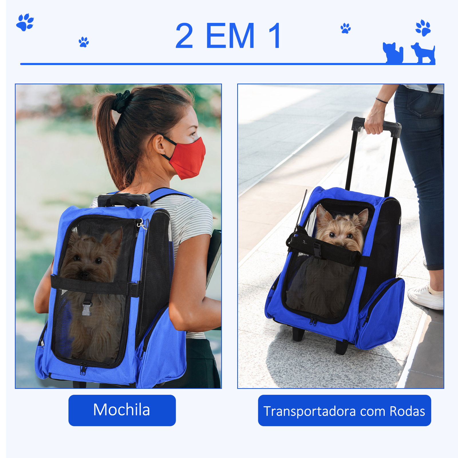 Transportadora 2 em 1 para animais de estimação mochila ou carrinho de viagem para cães e gatos com 2 rodas alça retrátil de alumínio e bolso de armazenamento 42x25x55cm azul
