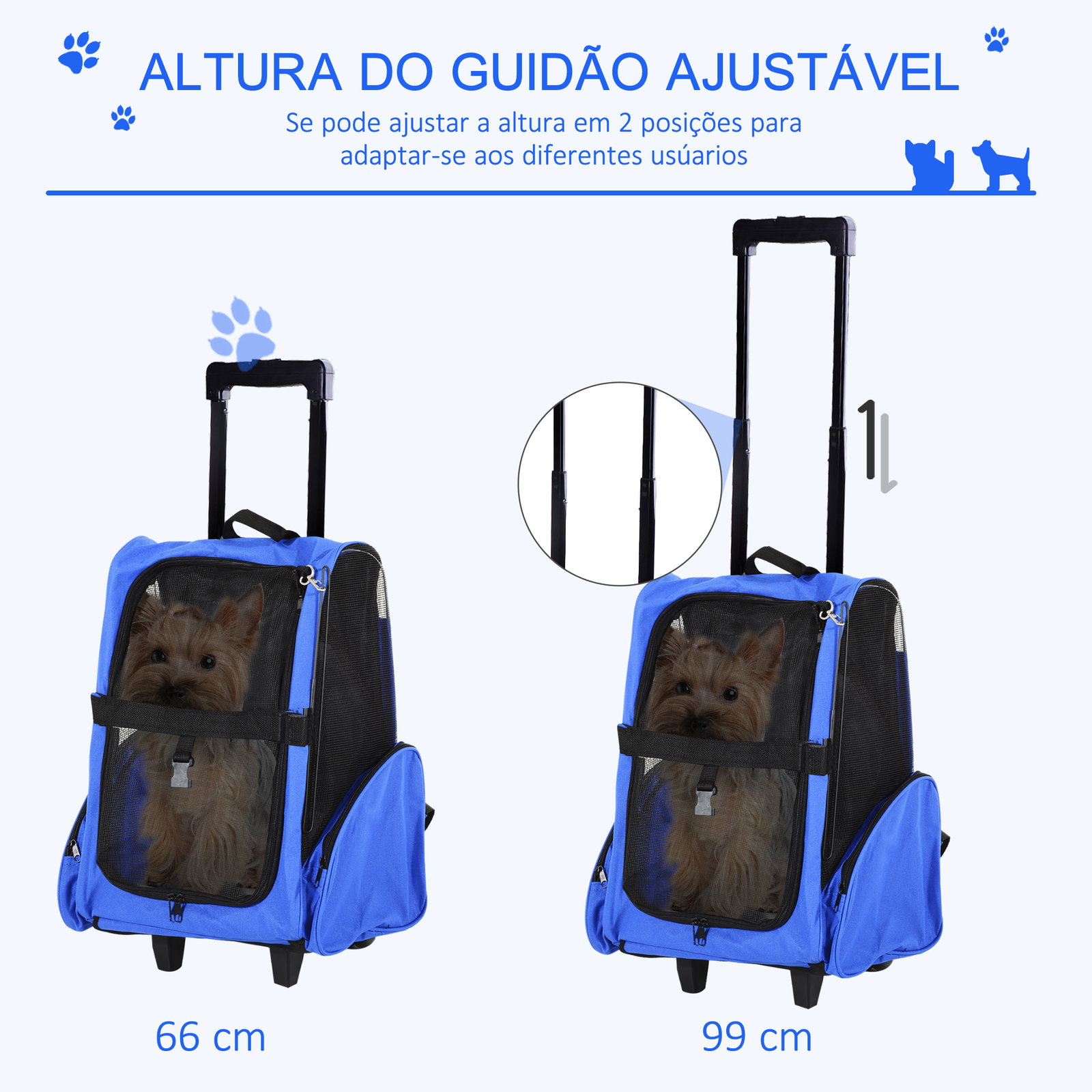 Transportadora 2 em 1 para animais de estimação mochila ou carrinho de viagem para cães e gatos com 2 rodas alça retrátil de alumínio e bolso de armazenamento 42x25x55cm azul