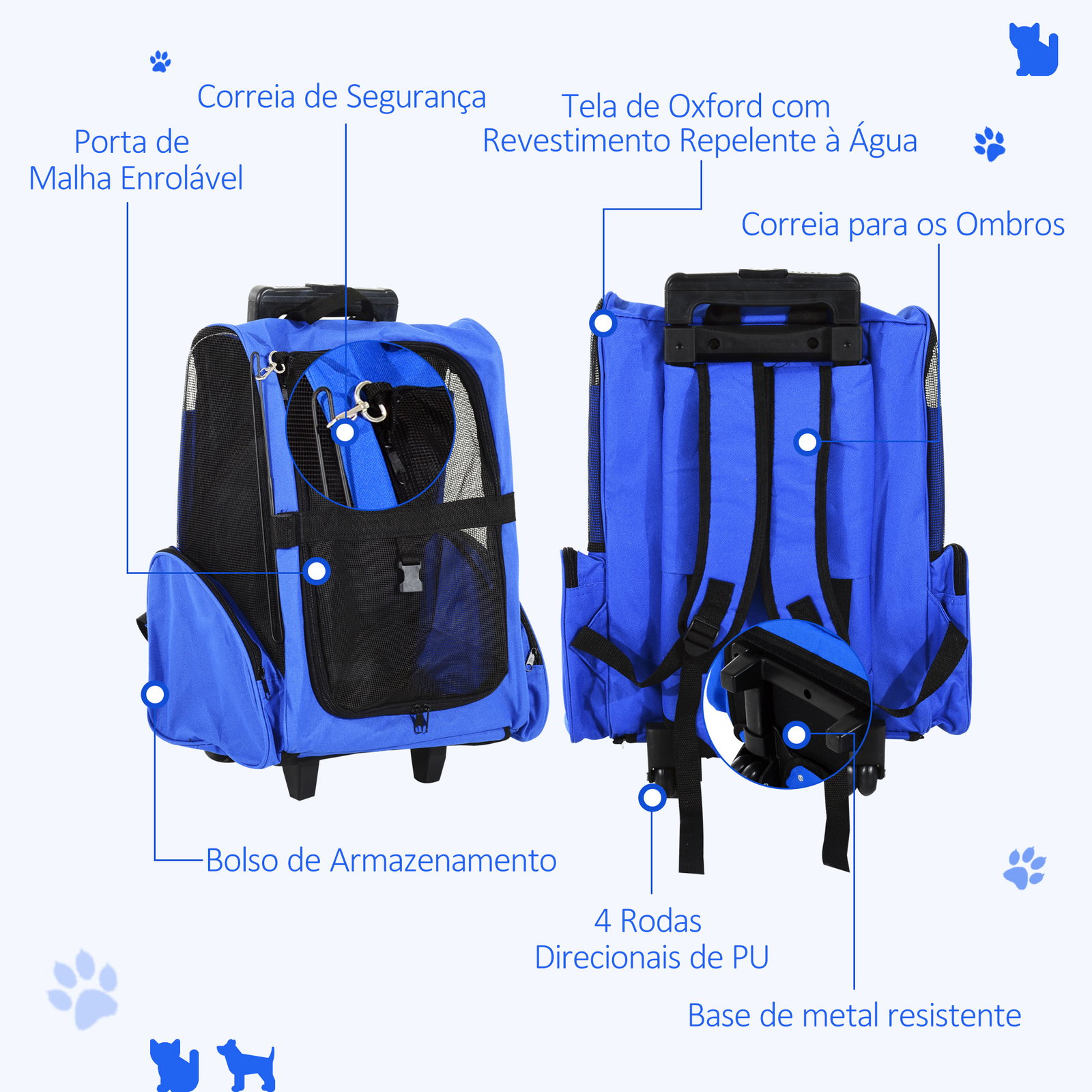 Transportadora 2 em 1 para animais de estimação mochila ou carrinho de viagem para cães e gatos com 2 rodas alça retrátil de alumínio e bolso de armazenamento 42x25x55cm azul