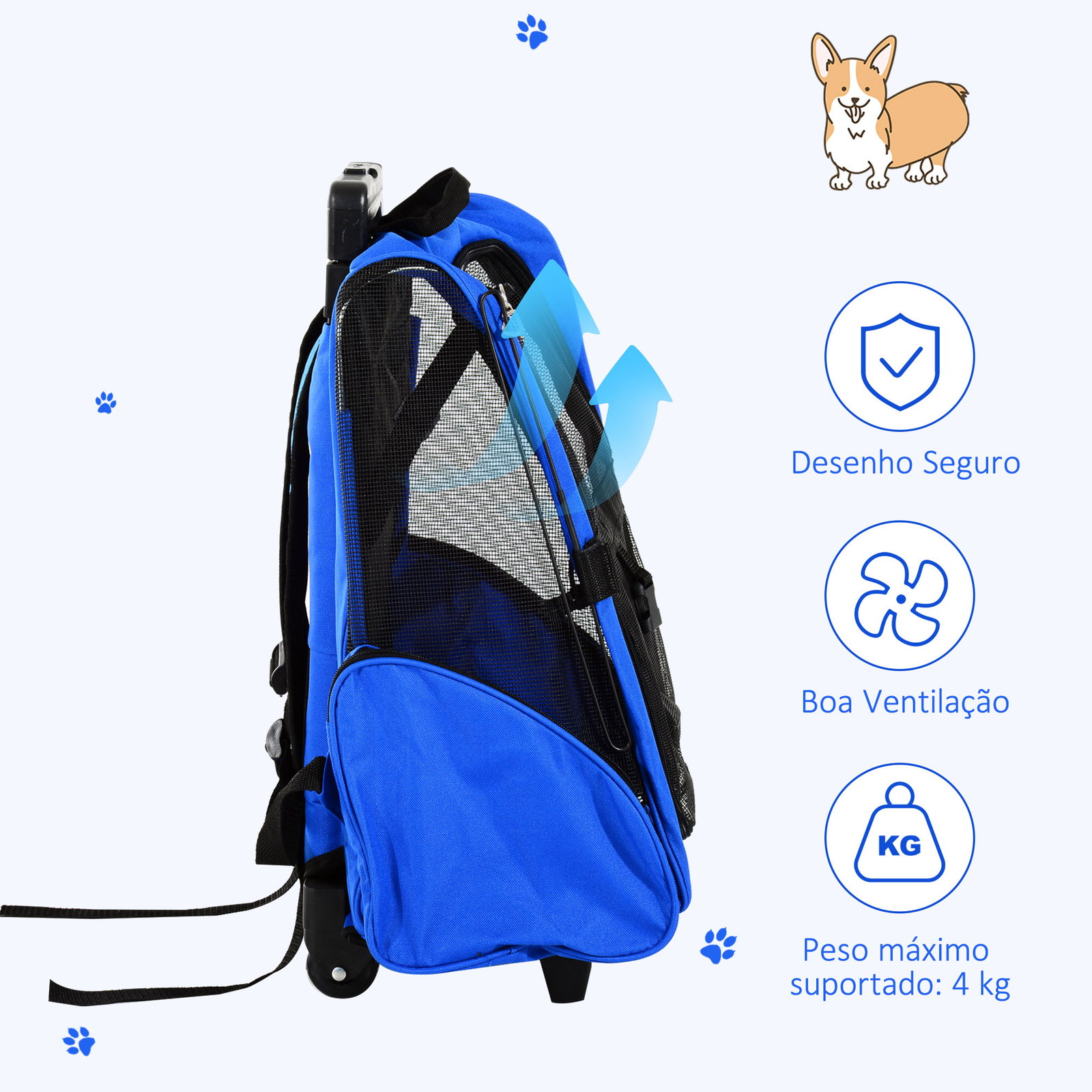 Transportadora 2 em 1 para animais de estimação mochila ou carrinho de viagem para cães e gatos com 2 rodas alça retrátil de alumínio e bolso de armazenamento 42x25x55cm azul