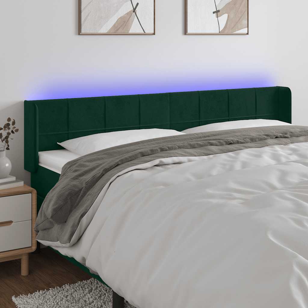 Cabeceira cama c/ luzes LED veludo 183x16x78/88 cm verde-escuro