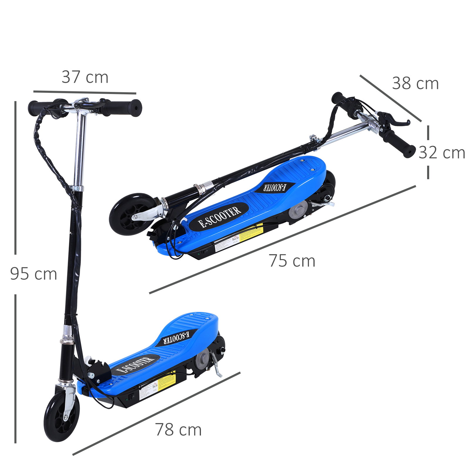 Trotinete elétrica dobrável para crianças e adolescentes acima de 7 anos velocidade de 10km/h trotinete elétrica com guiador ajustável e freios carga máxima 50kg 78x37x89-95cm azul