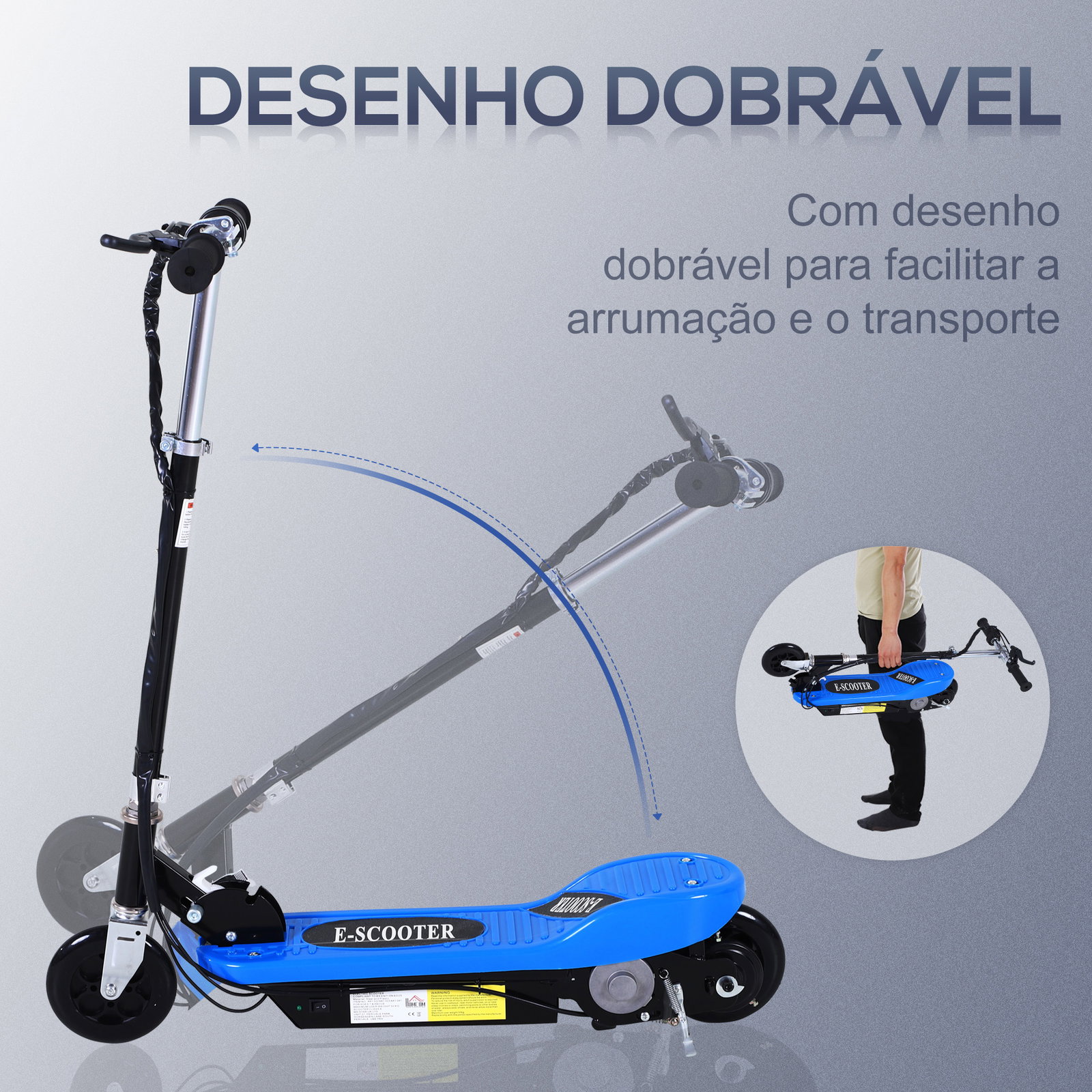 Trotinete elétrica dobrável para crianças e adolescentes acima de 7 anos velocidade de 10km/h trotinete elétrica com guiador ajustável e freios carga máxima 50kg 78x37x89-95cm azul