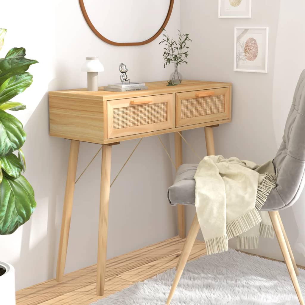 Mesa consola 80x30x75 cm pinho maciço e vime natural castanho
