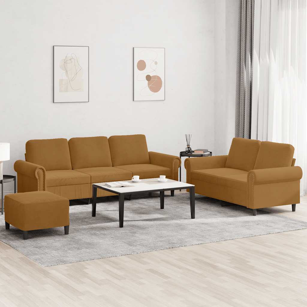 3 Pcs conjunto de sofás com almofadões veludo castanho