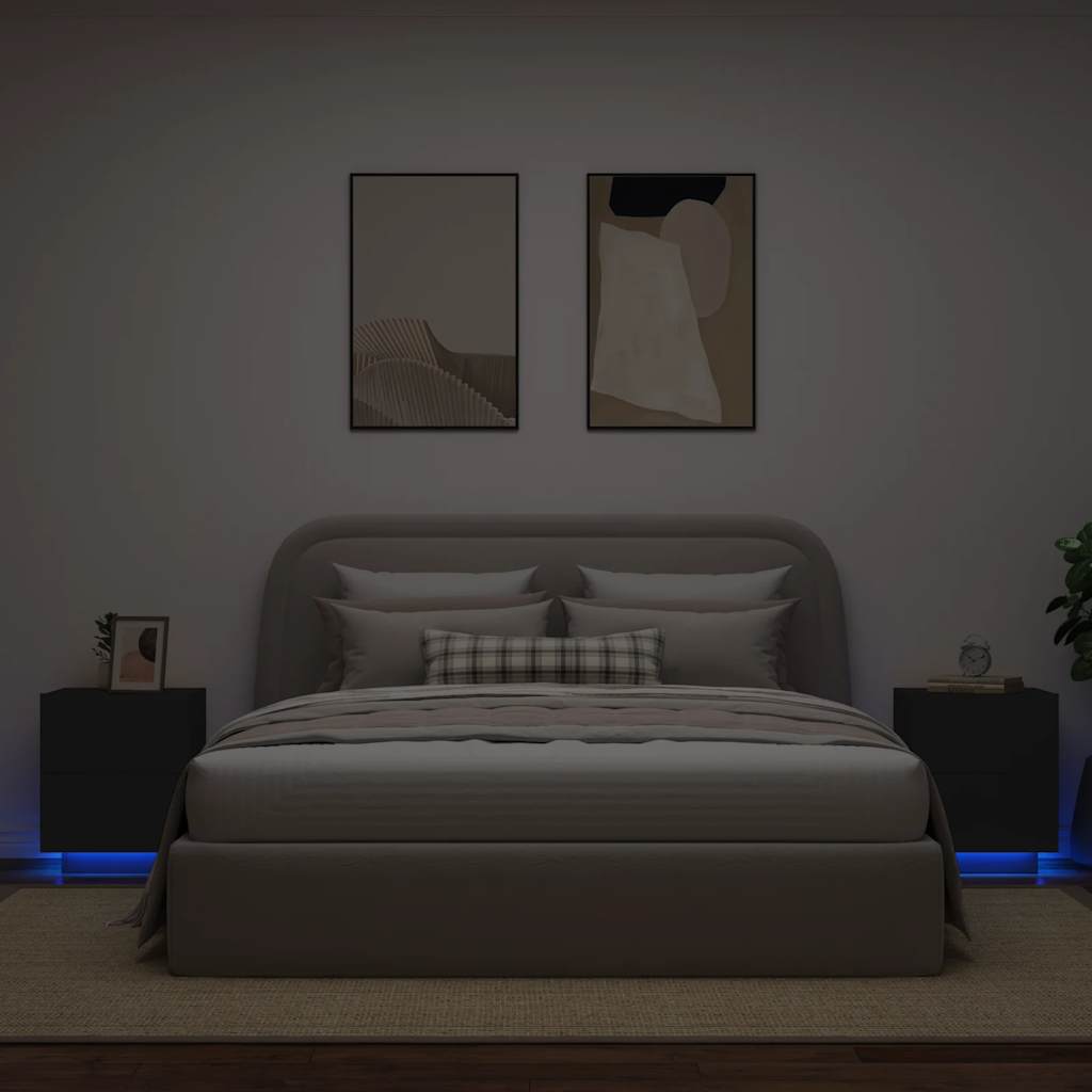 Mesas de cabeceira c/ luzes LED 2 pcs derivados madeira preto