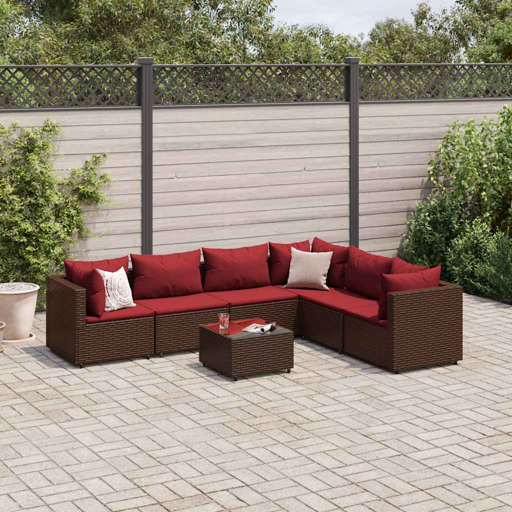 7 Pcs conjunto lounge de jardim c/ almofadões vime PE castanho