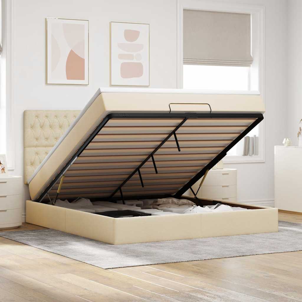 Estrutura de cama otomana com colchão tecido creme 160x200cm
