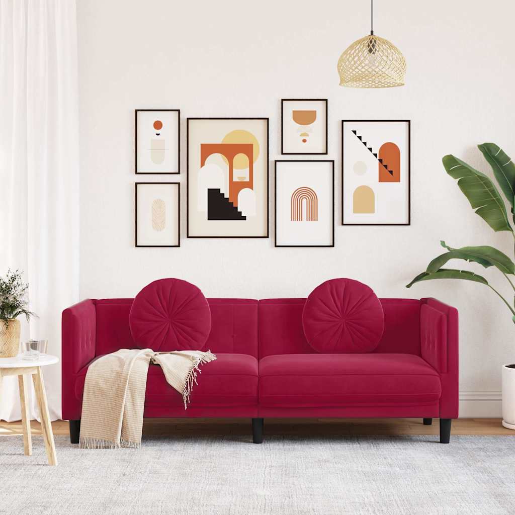 Sofá com almofadões 3 lugares veludo vermelho tinto