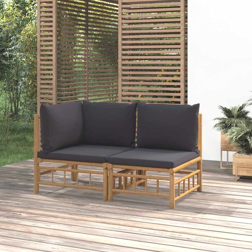 2Pcs conj. lounge de jardim bambu c/ almofadões cinzento-escuro