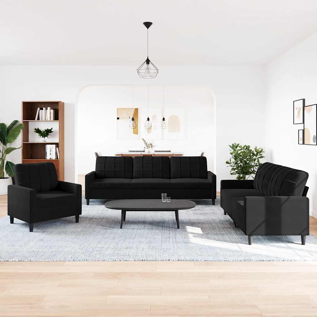 3 Pcs conjunto de sofás com almofadões veludo preto